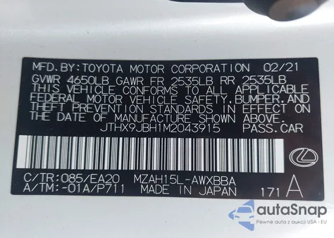 2021 Lexus Ux 250H z USA, uszkodzony, nr VIN JTHX9JBH1M2043915